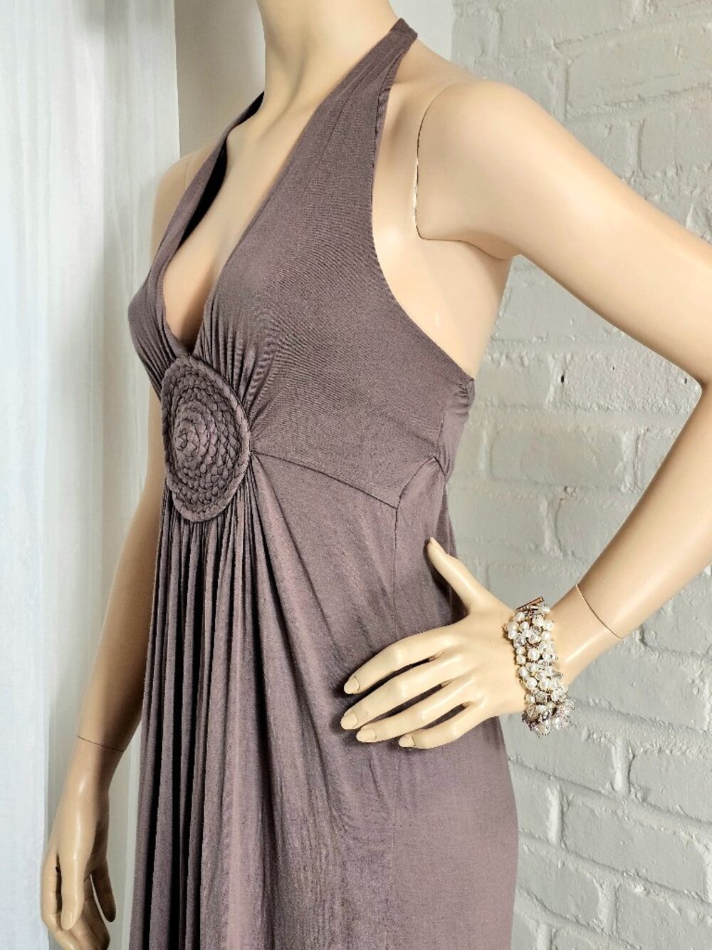 My Tribe Brown Halter Maxi Dress Size S Boho Rosette Tiered Resort Dress - Picture 9 of 11
